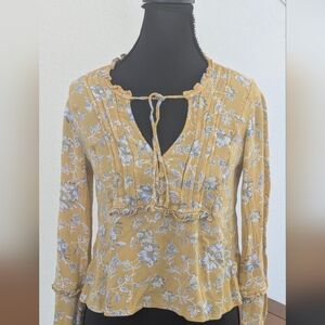American Rag Mustard Floral Boho Peasant Blouse Cropped Tie Neck Long Sleeve S